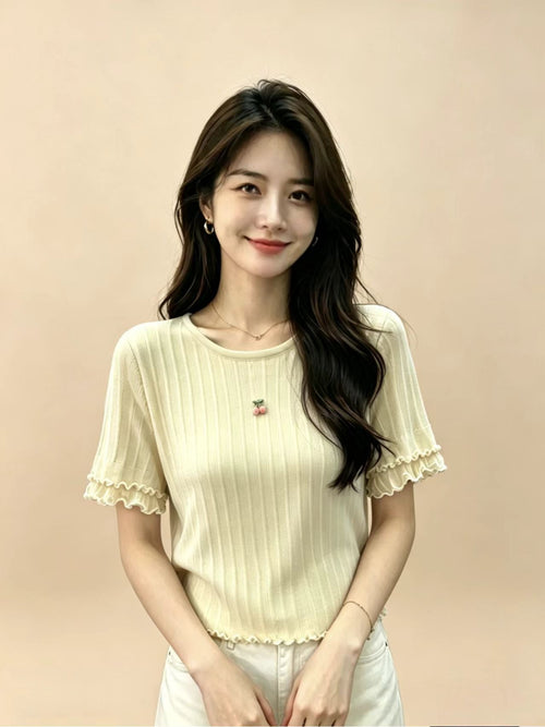 Cherry Blossom Whisper Ribbed Knit Top - Y2K Girlstyle