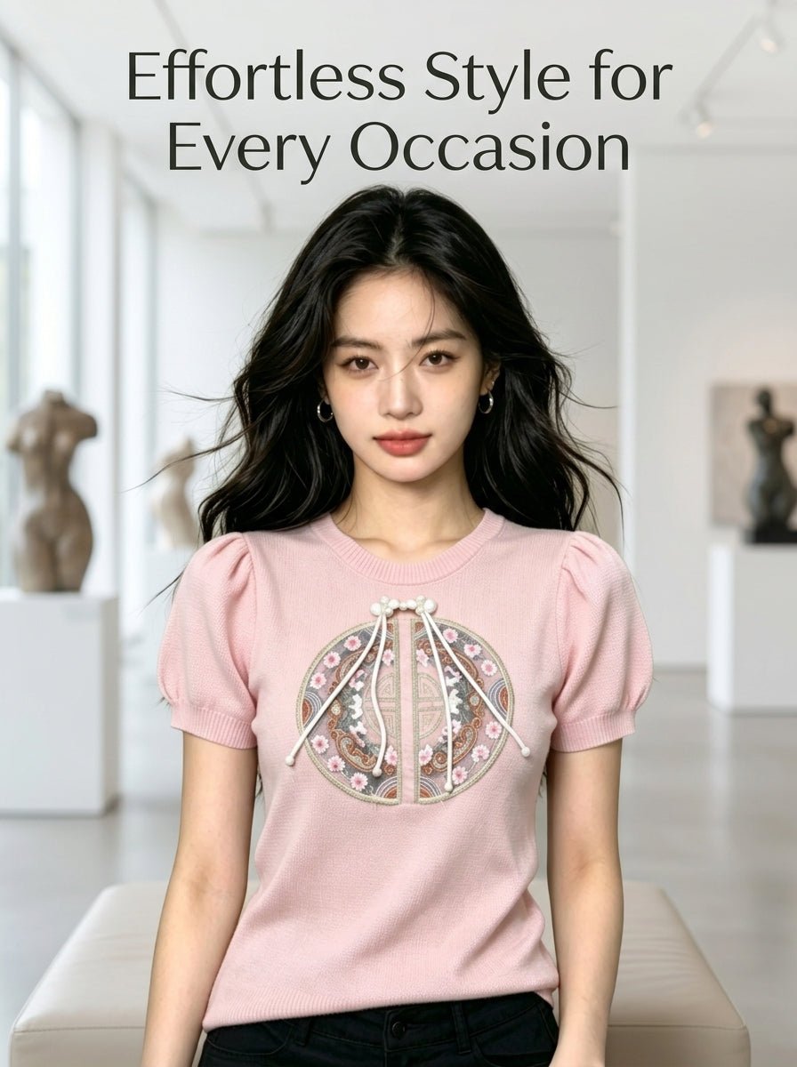 New Chinese embroidered thin ice silk knitted sweater Embroidered knitted sweater（最低50件起批） - Y2K Girlstyle