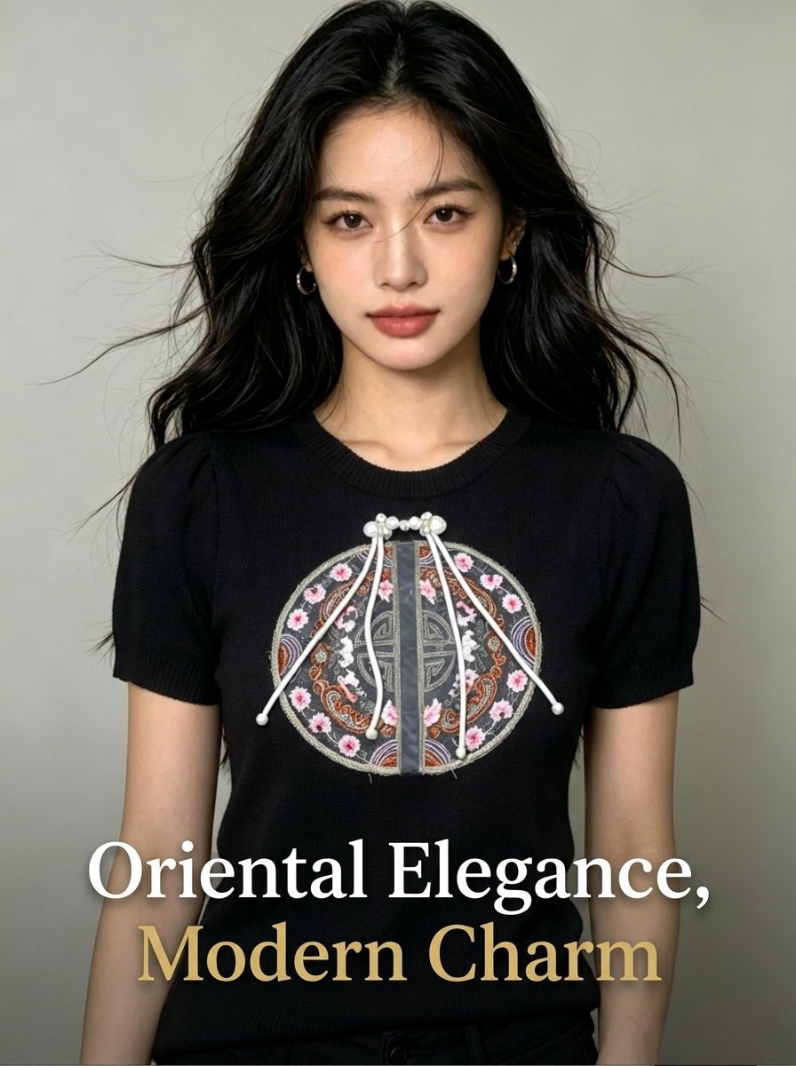 New Chinese embroidered thin ice silk knitted sweater Embroidered knitted sweater（最低50件起批） - Y2K Girlstyle