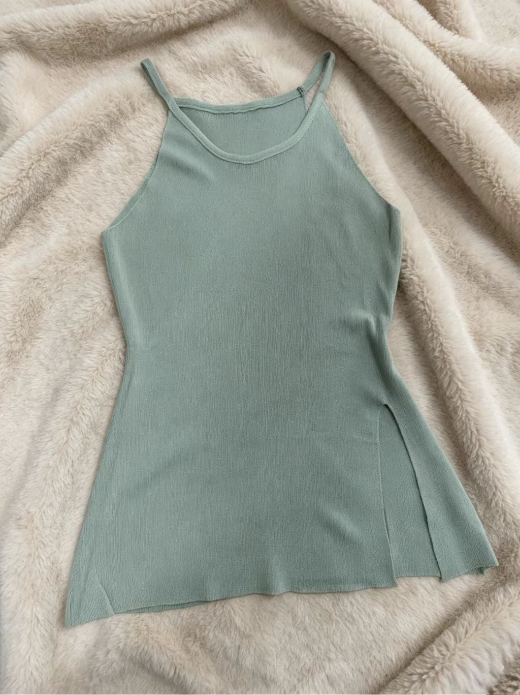 Ribbed Knit Slit Longline Cami Top | Sage Green & Apricot | Wholesale MOQ 20pcs - Y2K Girlstyle