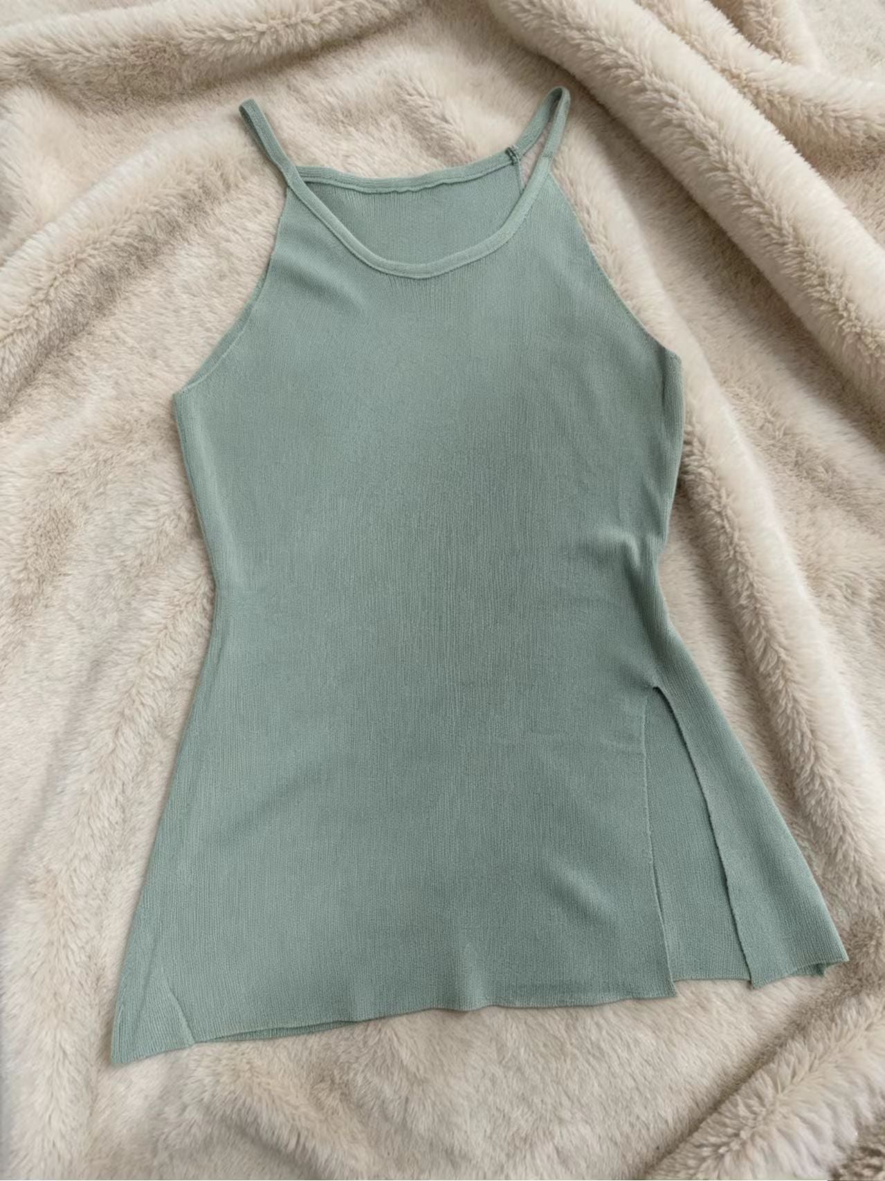 Ribbed Knit Slit Longline Cami Top | Sage Green & Apricot | Wholesale MOQ 20pcs - Y2K Girlstyle