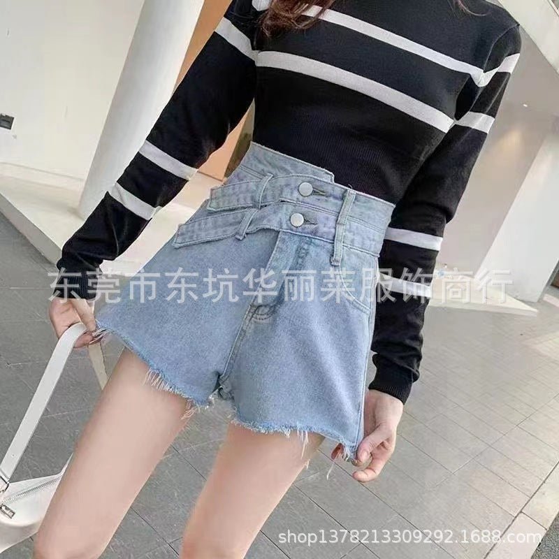 Summer women's versatile jeans manufacturers wholesale casual belt high waist denim shorts design sense niche pants - Y2K Girlstyle