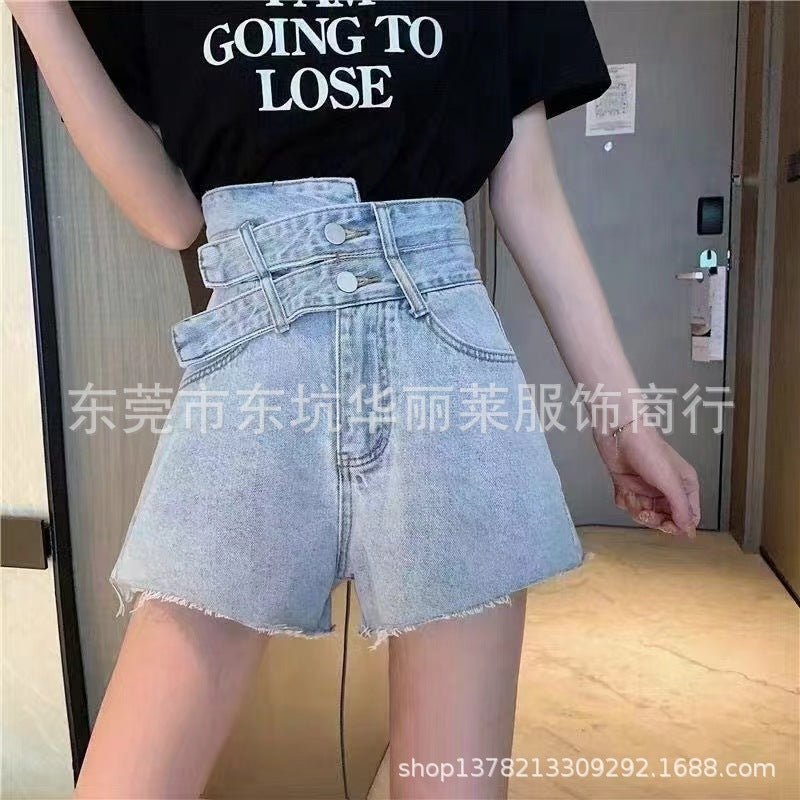 Summer women's versatile jeans manufacturers wholesale casual belt high waist denim shorts design sense niche pants - Y2K Girlstyle