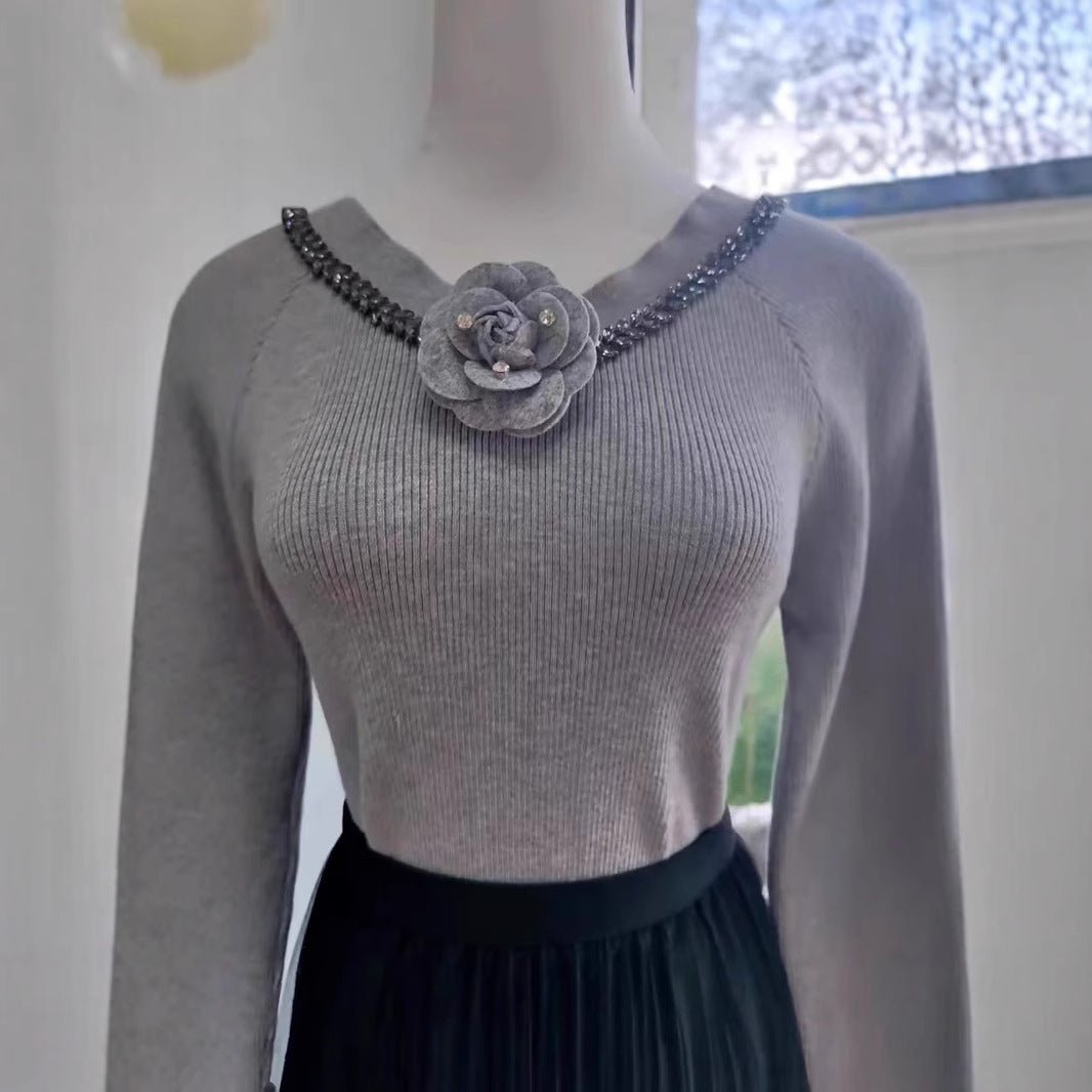 Women's knitted sweater original design double V - neck autumn and winter bottoming shirt heavy craftsmanship three - dimensional flower retro 2024 light luxury - Y2K Girlstyle