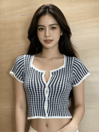 Y2K Black White Stripe Square Neck Knit Crop Top | MOQ 50pcs - Y2K Girlstyle