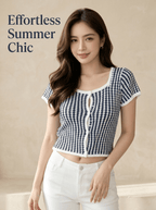 Y2K Black White Stripe Square Neck Knit Crop Top | MOQ 50pcs - Y2K Girlstyle