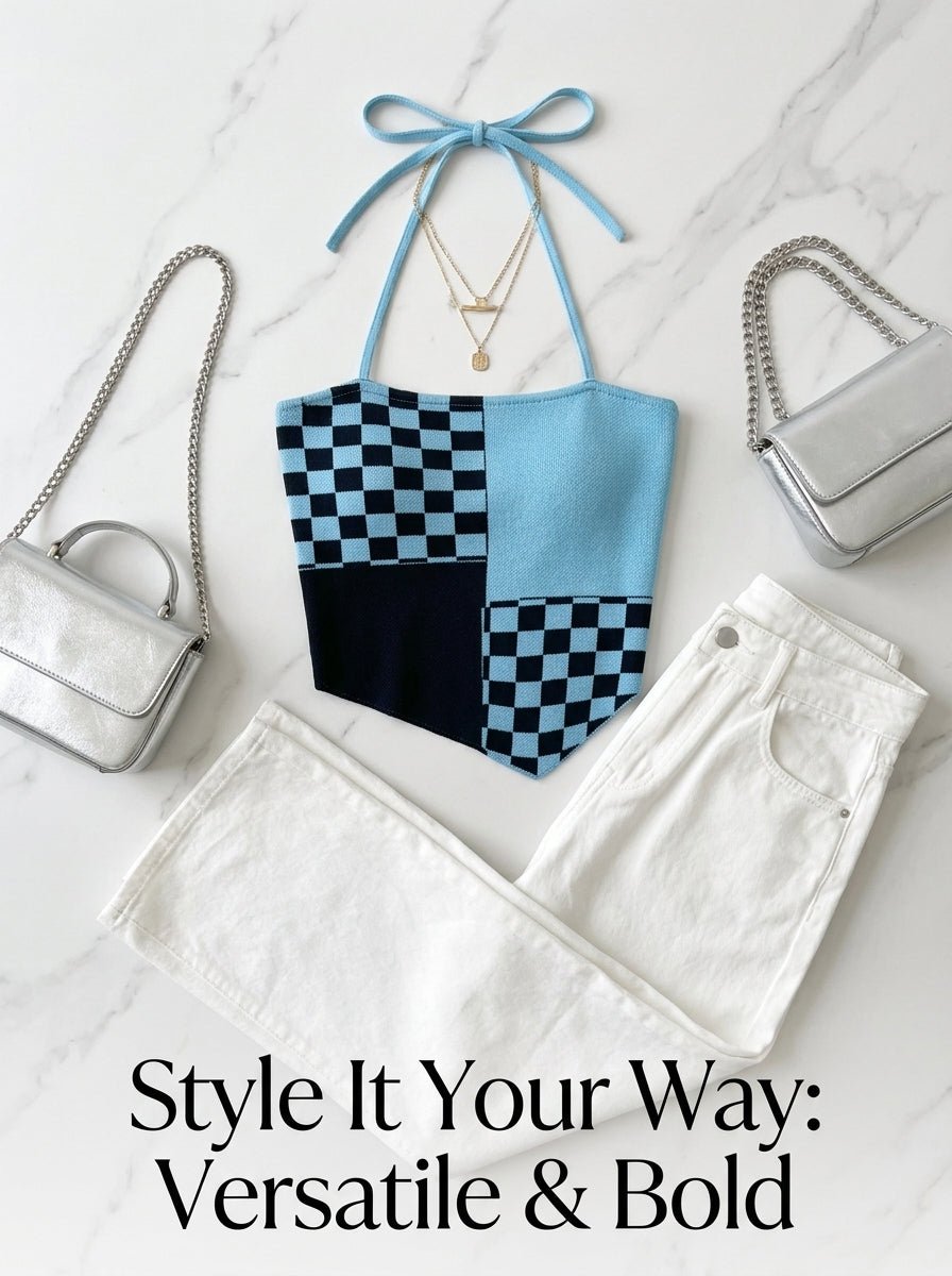 Y2K Checkered Halter Knit Cami Top | 5 - Color Mix Wholesale 50pcs+ - Y2K Girlstyle