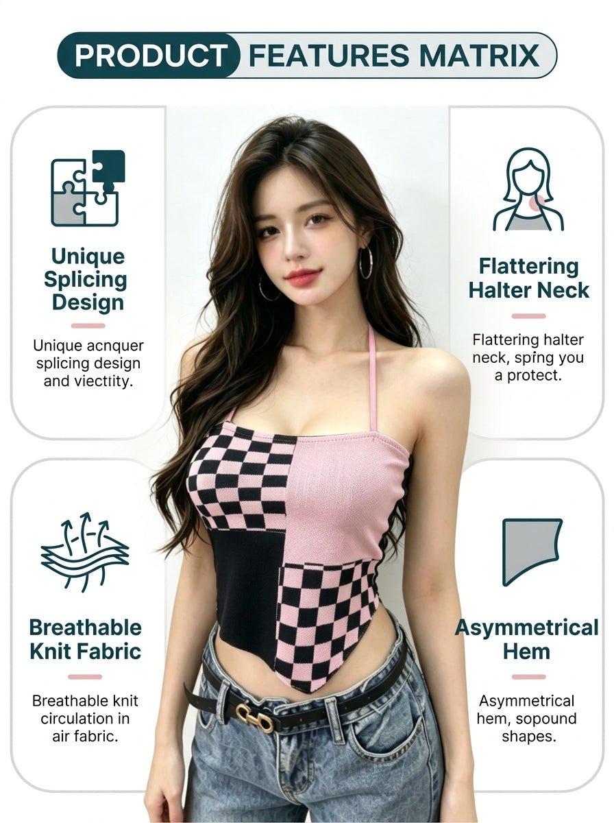 Y2K Checkered Halter Knit Cami Top | 5 - Color Mix Wholesale 50pcs+ - Y2K Girlstyle