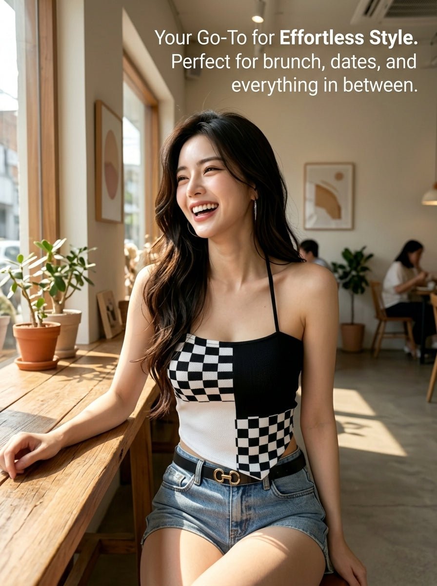 Y2K Checkered Halter Knit Cami Top | 5 - Color Mix Wholesale 50pcs+ - Y2K Girlstyle