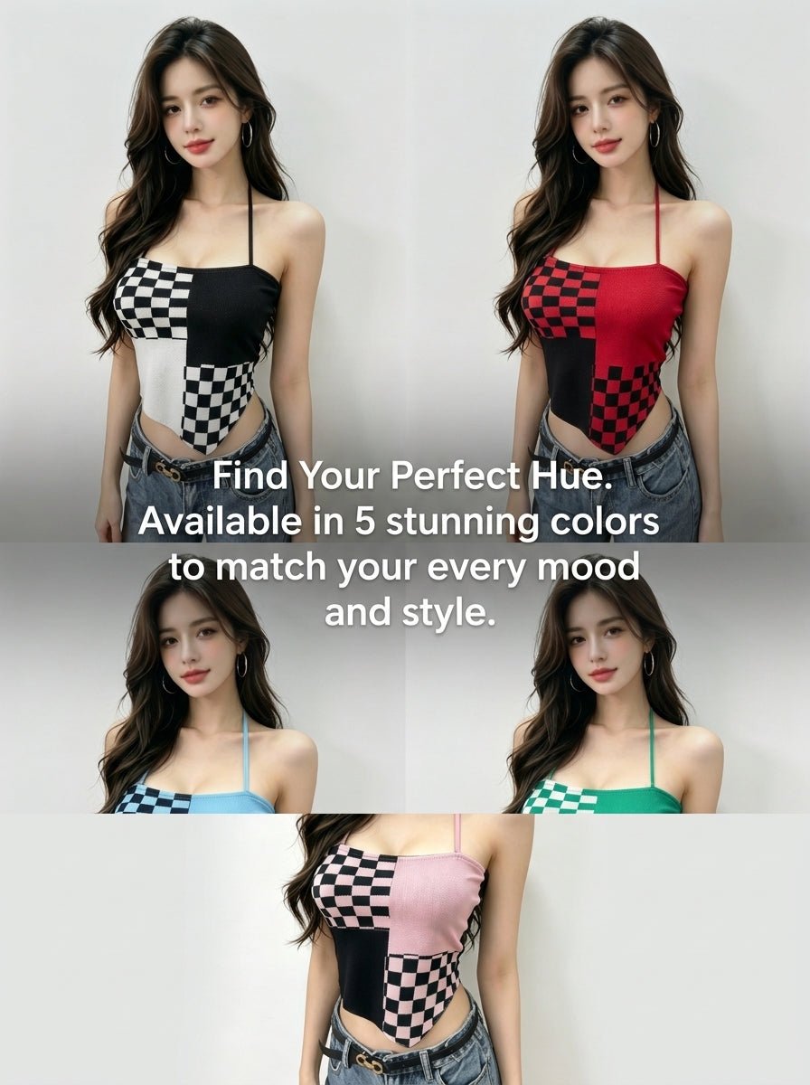 Y2K Checkered Halter Knit Cami Top | 5 - Color Mix Wholesale 50pcs+ - Y2K Girlstyle