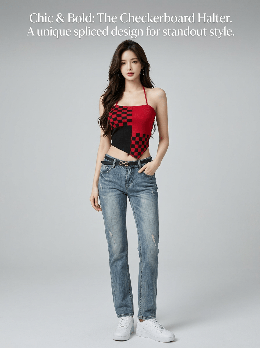 Y2K Checkered Halter Knit Cami Top | 5 - Color Mix Wholesale 50pcs+ - Y2K Girlstyle