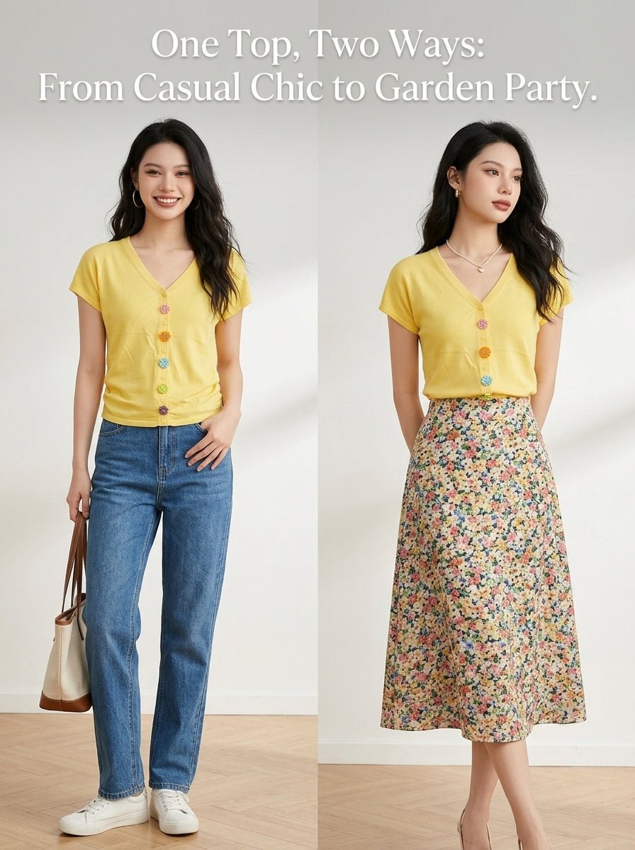 Y2K Daisy Button Knit Top | V - Neck Pastel Sweater - Y2K Girlstyle