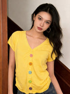Y2K Daisy Button Knit Top | V - Neck Pastel Sweater - Y2K Girlstyle