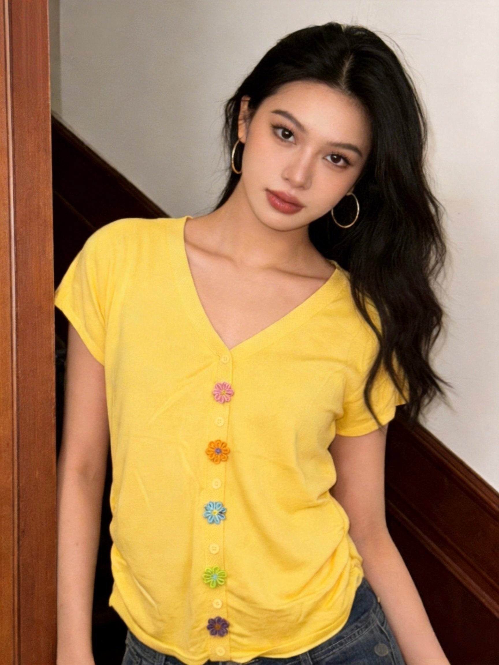 Y2K Daisy Button Knit Top | V - Neck Pastel Sweater - Y2K Girlstyle