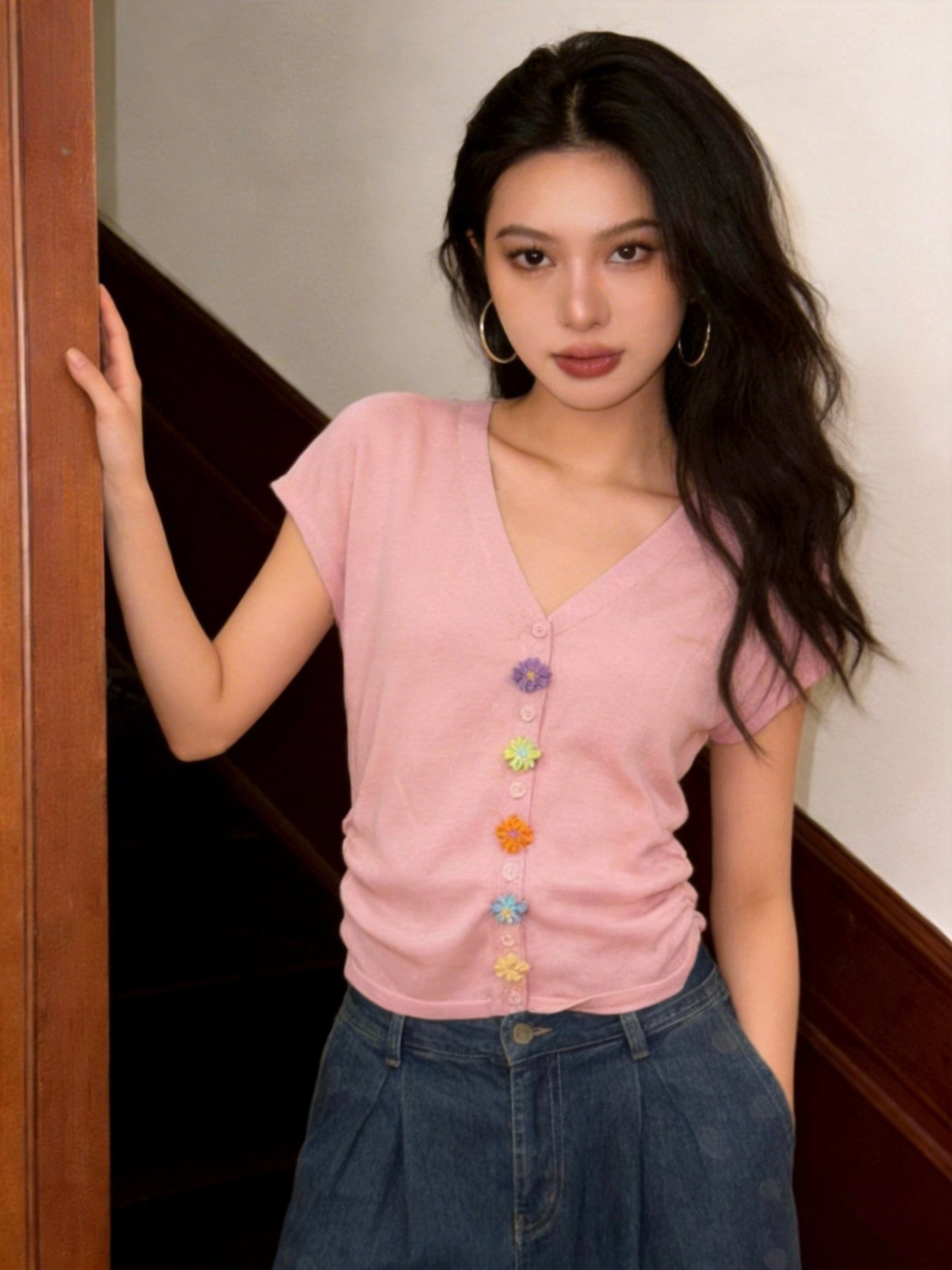 Y2K Daisy Button Knit Top | V - Neck Pastel Sweater - Y2K Girlstyle