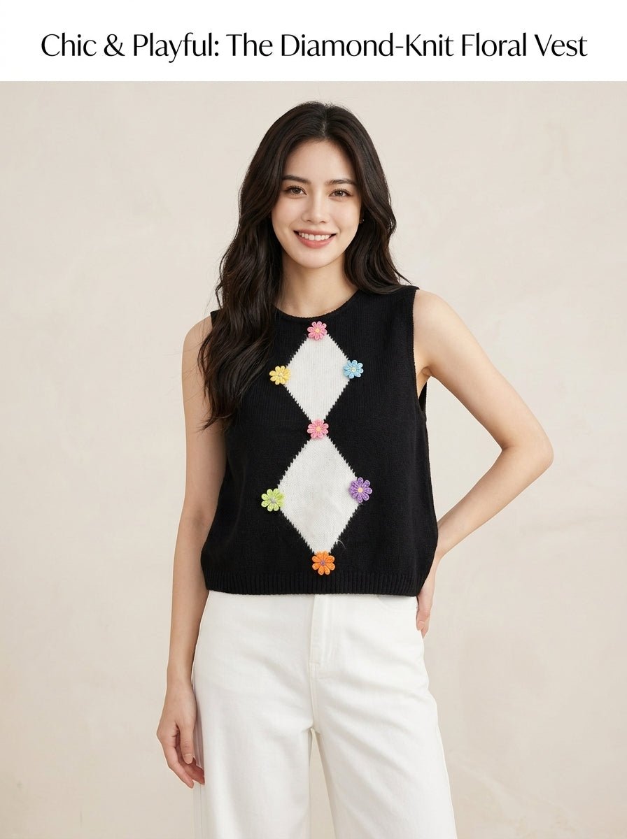 Y2K Diamond Argyle Colorful Floral Knit Vest | Black | MOQ 50pcs - Y2K Girlstyle