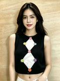 Y2K Diamond Argyle Colorful Floral Knit Vest | Black | MOQ 50pcs - Y2K Girlstyle