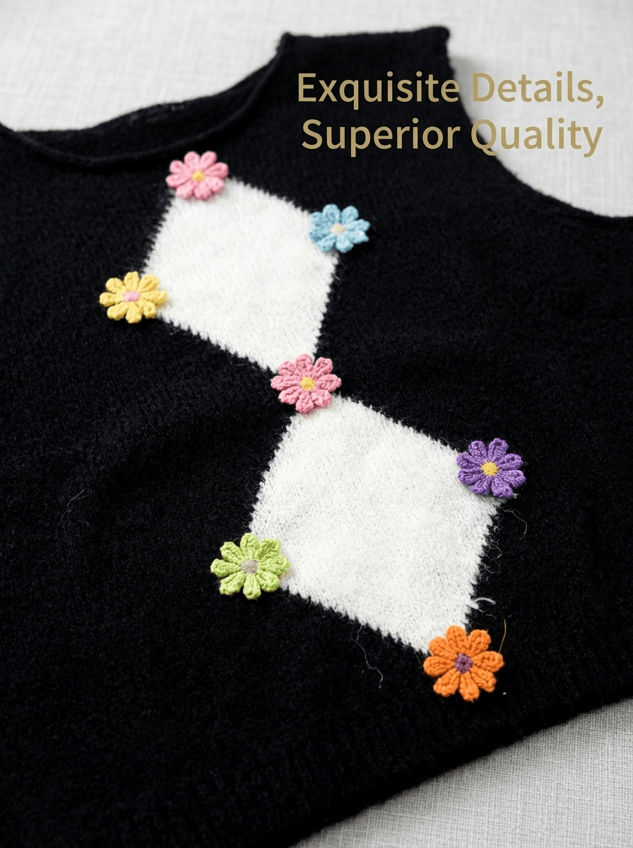 Y2K Diamond Argyle Colorful Floral Knit Vest | Black | MOQ 50pcs - Y2K Girlstyle