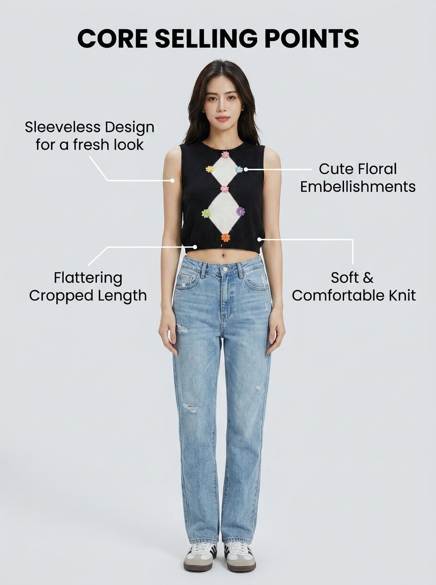 Y2K Diamond Argyle Colorful Floral Knit Vest | Black | MOQ 50pcs - Y2K Girlstyle