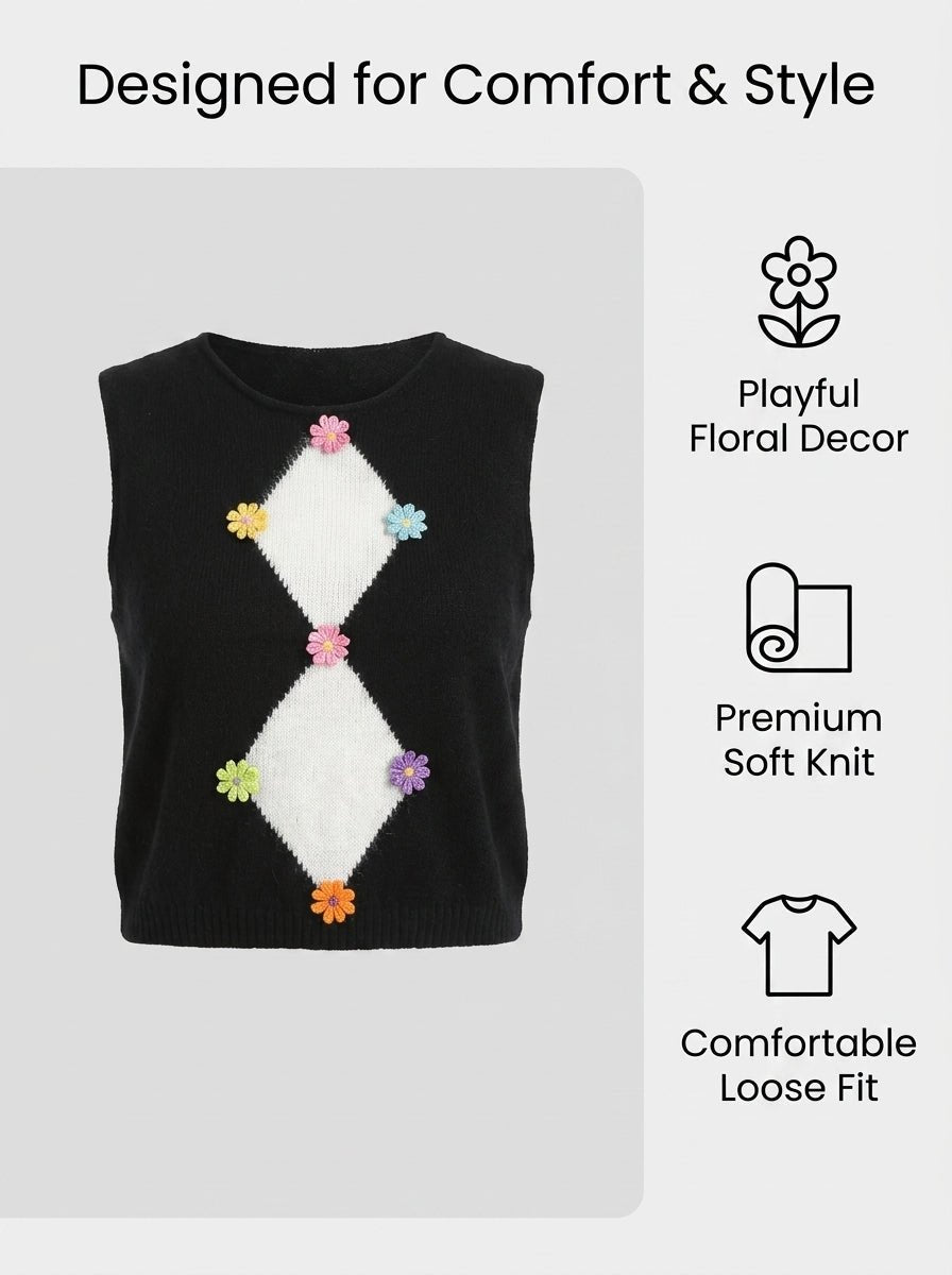 Y2K Diamond Argyle Colorful Floral Knit Vest | Black | MOQ 50pcs - Y2K Girlstyle