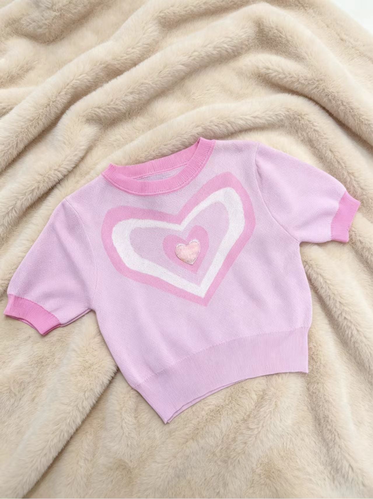 Y2K Heart Knit Short - Sleeve Crop Top | 3 Color Mix | MOQ 20pcs - Y2K Girlstyle