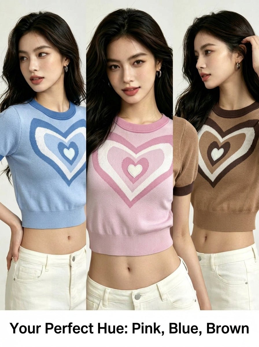 Y2K Heart Knit Short - Sleeve Crop Top | 3 Color Mix | MOQ 20pcs - Y2K Girlstyle