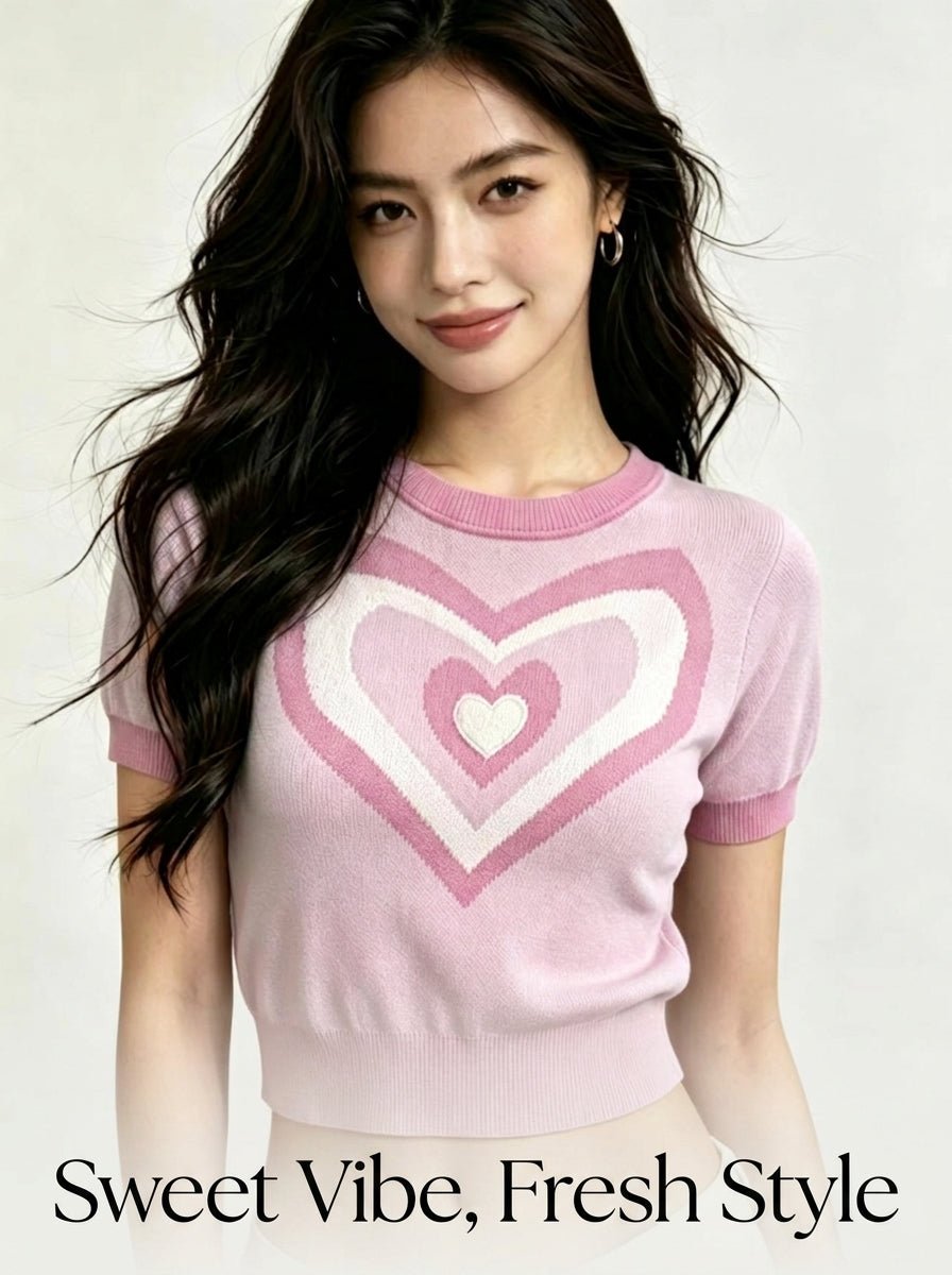 Y2K Heart Knit Short - Sleeve Crop Top | 3 Color Mix | MOQ 20pcs - Y2K Girlstyle