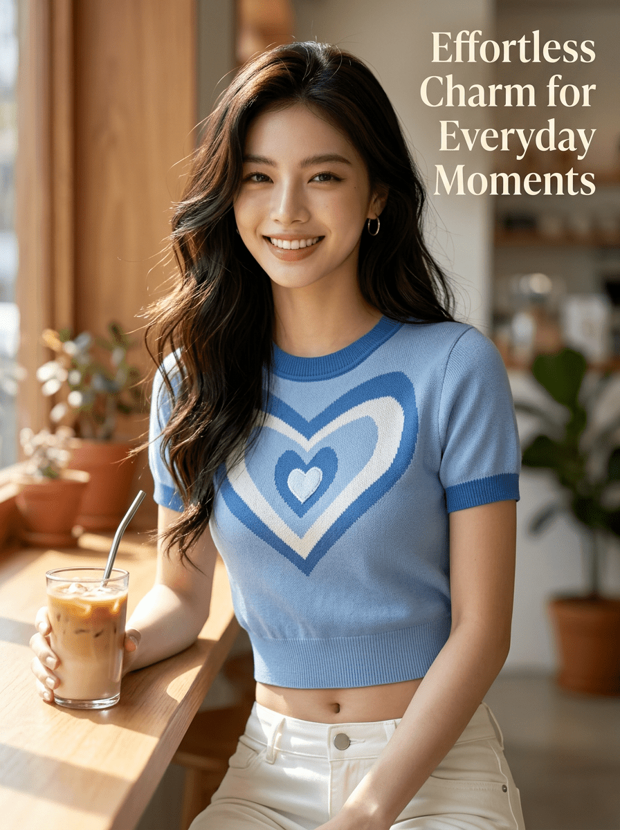Y2K Heart Knit Short - Sleeve Crop Top | 3 Color Mix | MOQ 20pcs - Y2K Girlstyle