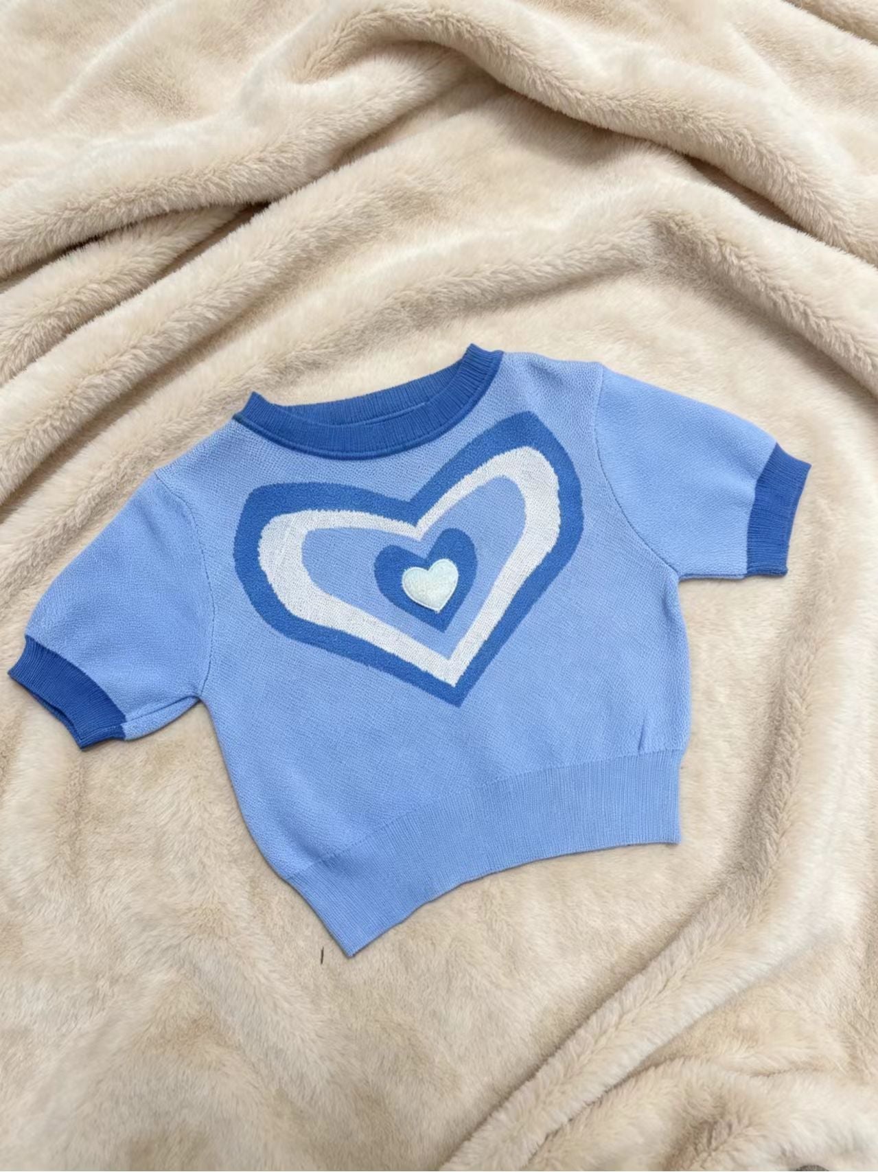 Y2K Heart Knit Short - Sleeve Crop Top | 3 Color Mix | MOQ 20pcs - Y2K Girlstyle