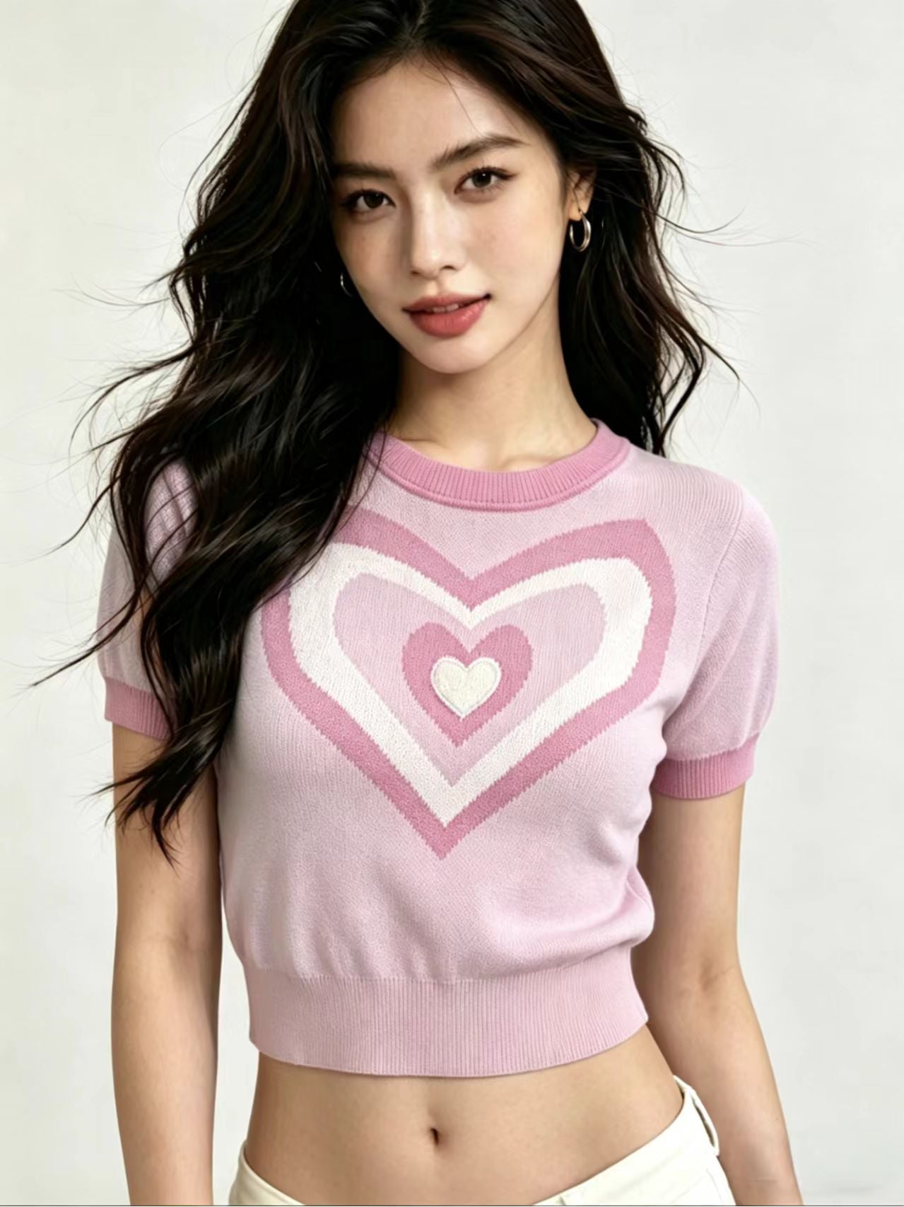 Y2K Heart Knit Short - Sleeve Crop Top | 3 Color Mix | MOQ 20pcs - Y2K Girlstyle