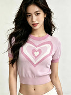 Y2K Heart Knit Short - Sleeve Crop Top | 3 Color Mix | MOQ 20pcs - Y2K Girlstyle