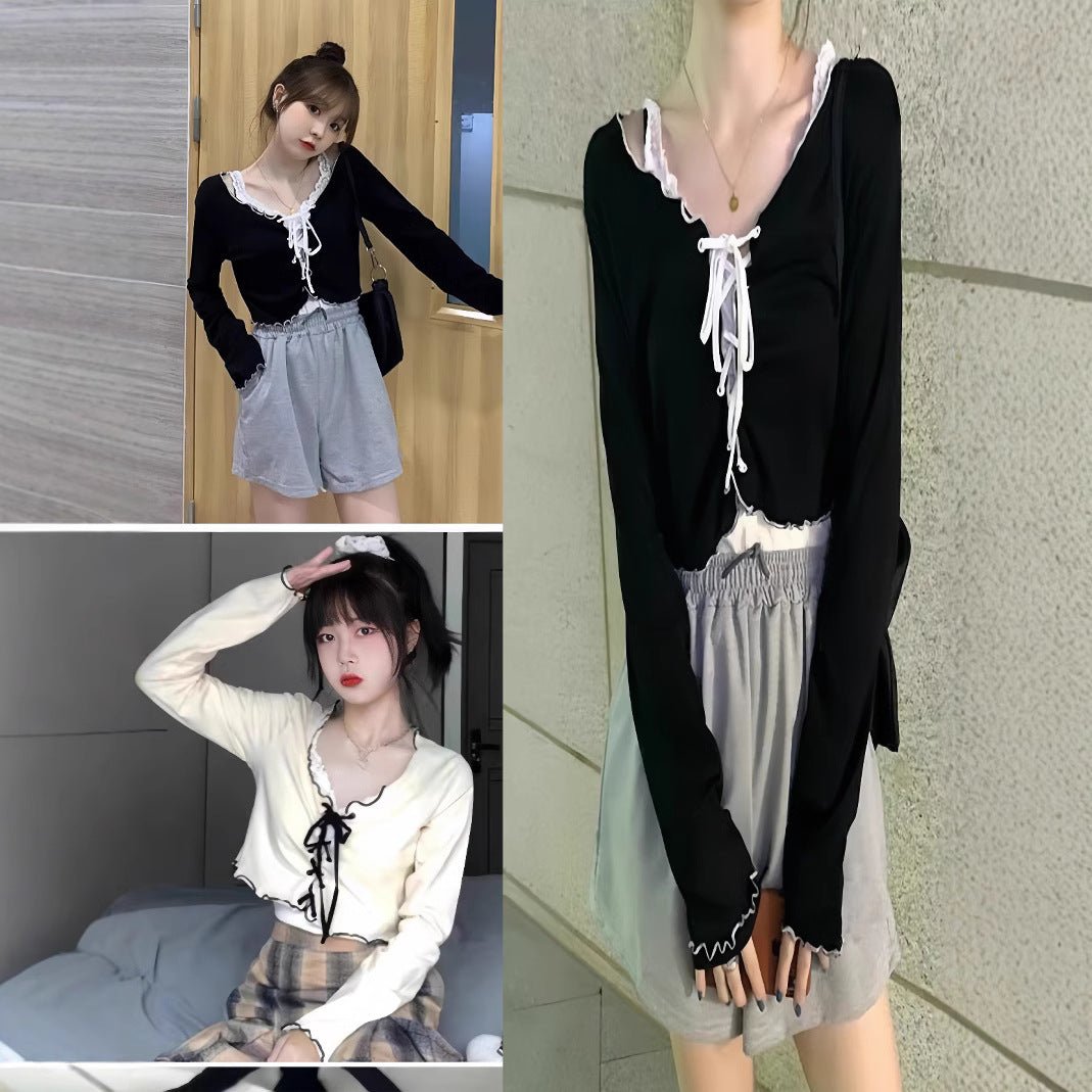 Y2K Lace - Up Fungus Edge Long - Sleeve Knit Top | Wholesale - Y2K Girlstyle