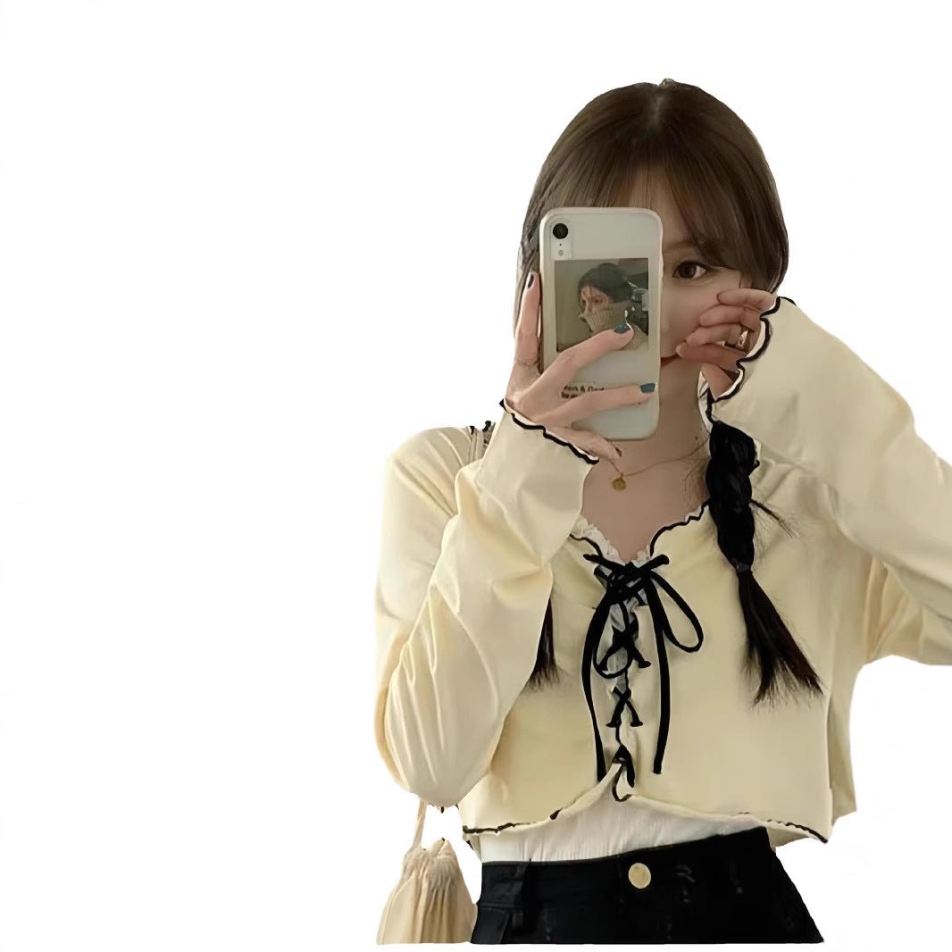 Y2K Lace - Up Fungus Edge Long - Sleeve Knit Top | Wholesale - Y2K Girlstyle