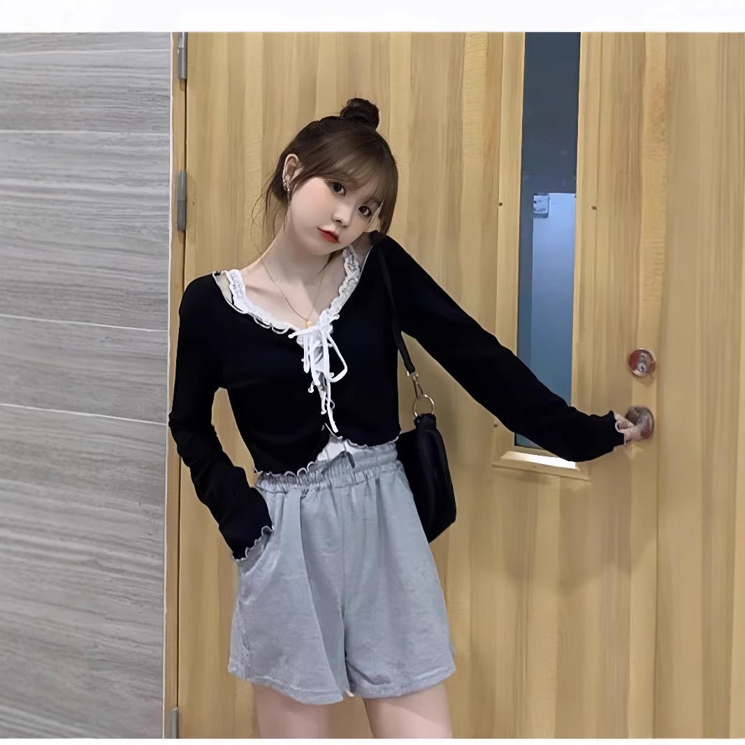 Y2K Lace - Up Fungus Edge Long - Sleeve Knit Top | Wholesale - Y2K Girlstyle