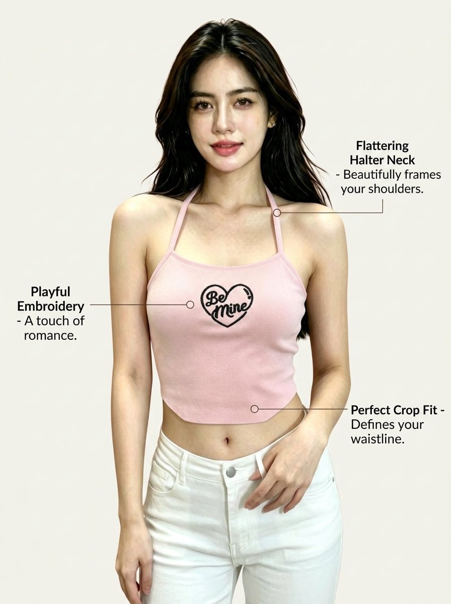 Y2K Pink Heart Embroidery Halter Top | Sexy Backless Knit Crop Top for Women Summer - Y2K Girlstyle