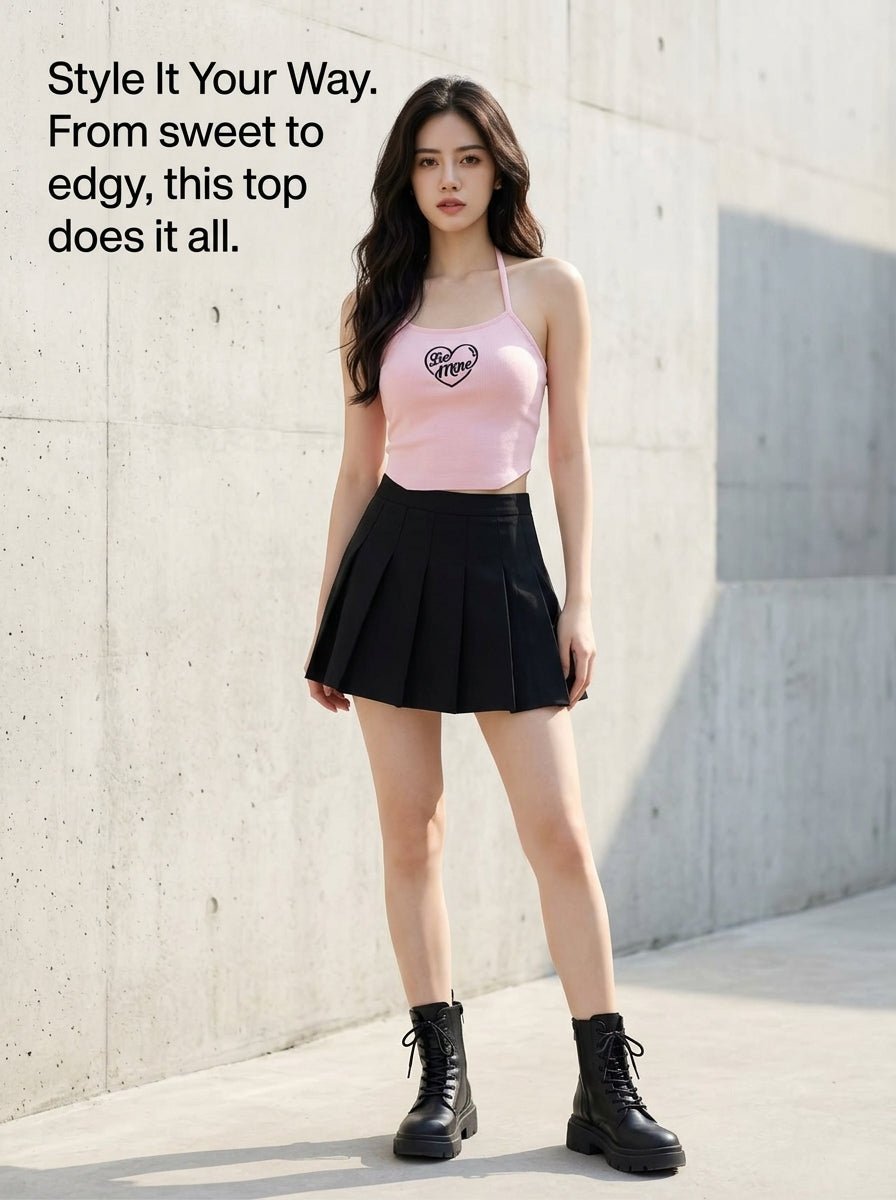 Y2K Pink Heart Embroidery Halter Top | Sexy Backless Knit Crop Top for Women Summer - Y2K Girlstyle