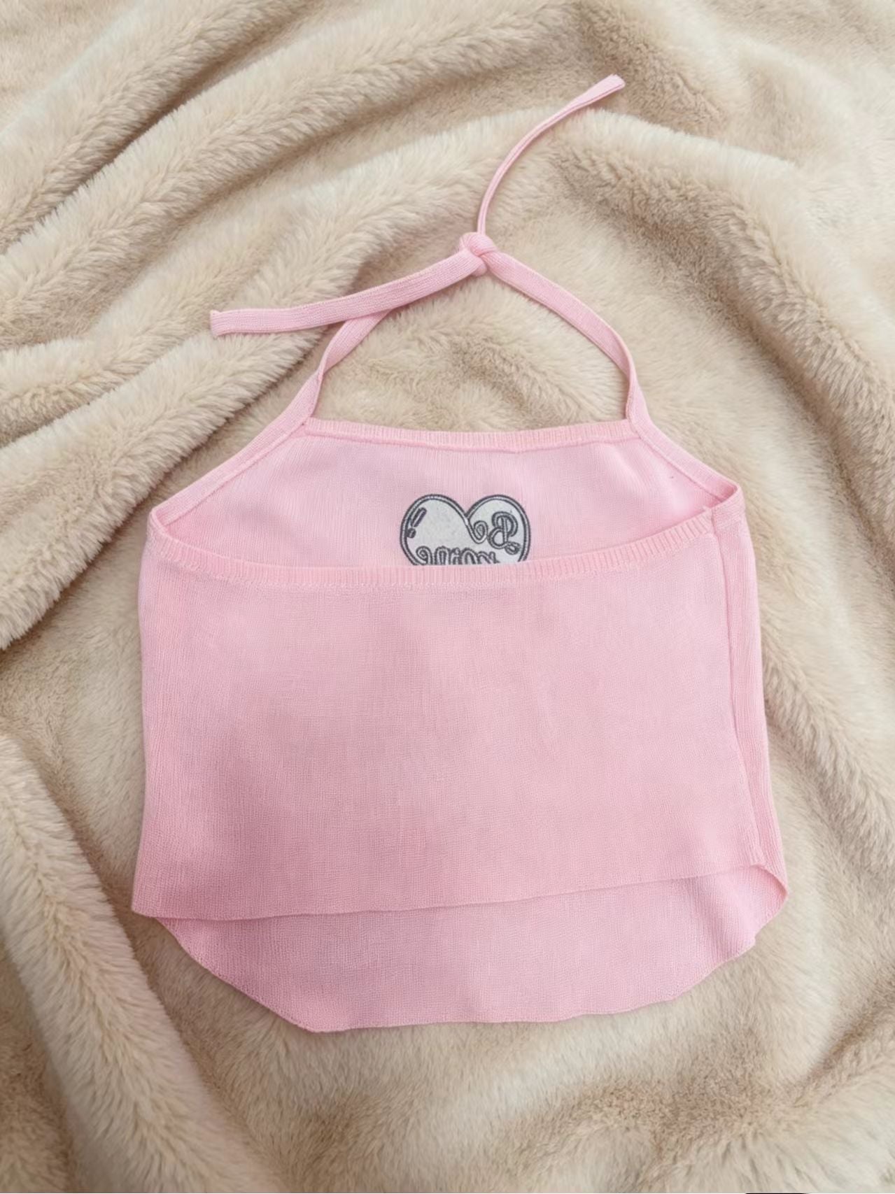 Y2K Pink Heart Embroidery Halter Top | Sexy Backless Knit Crop Top for Women Summer - Y2K Girlstyle