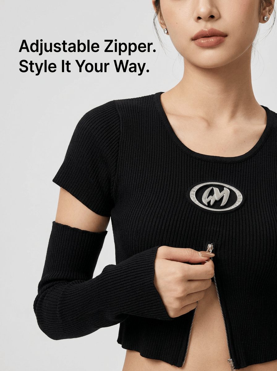 Y2K Rhinestone Zip Crop Top with Detachable Sleeves - Y2K Girlstyle