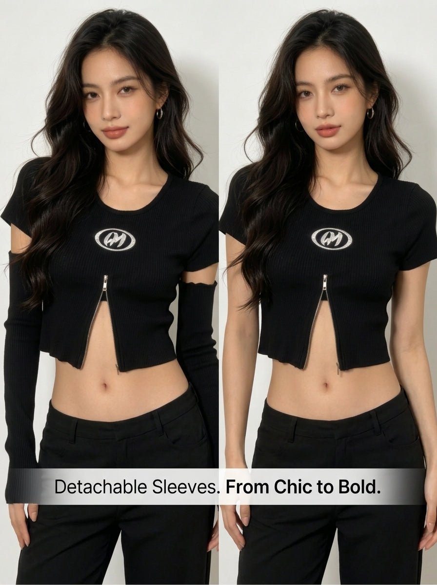Y2K Rhinestone Zip Crop Top with Detachable Sleeves - Y2K Girlstyle