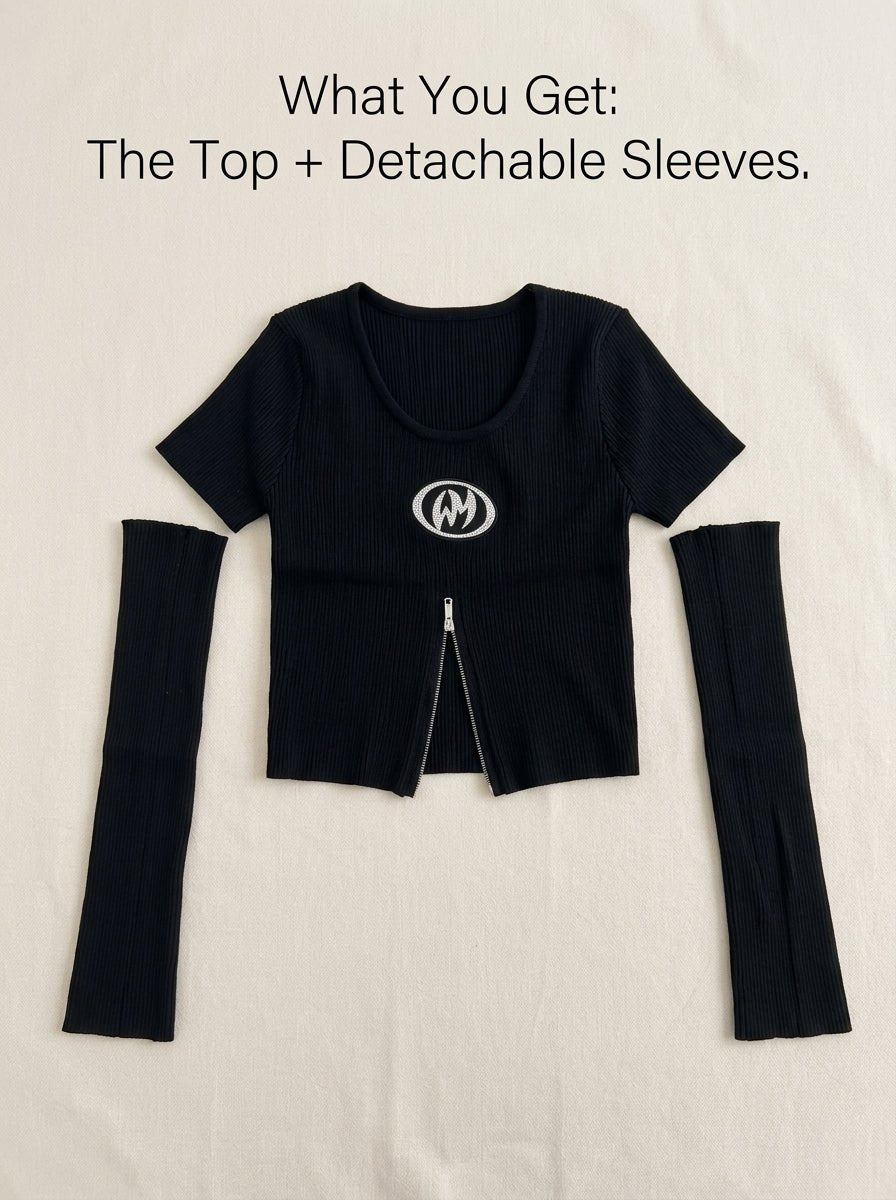 Y2K Rhinestone Zip Crop Top with Detachable Sleeves - Y2K Girlstyle
