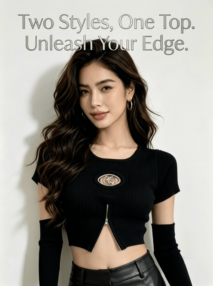 Y2K Rhinestone Zip Crop Top with Detachable Sleeves - Y2K Girlstyle