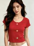 Y2K Ruffled Floral Knit Crop Top | Sweet Short Sweater | MOQ 50pcs - Y2K Girlstyle