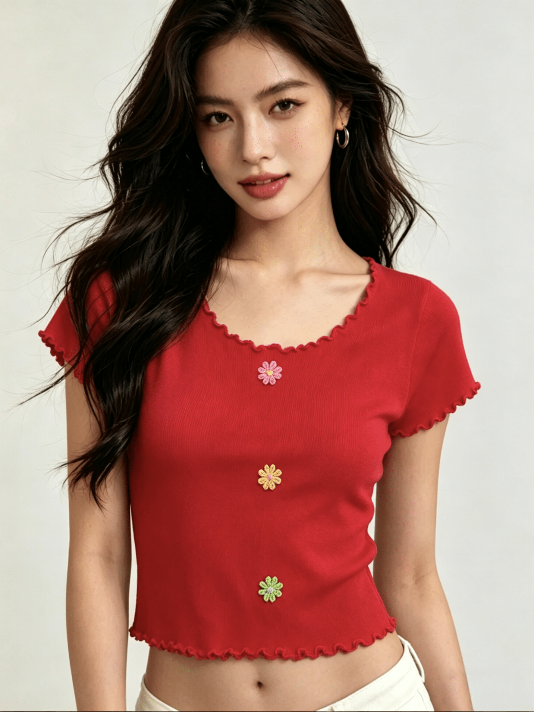 Y2K Ruffled Floral Knit Crop Top | Sweet Short Sweater | MOQ 50pcs - Y2K Girlstyle