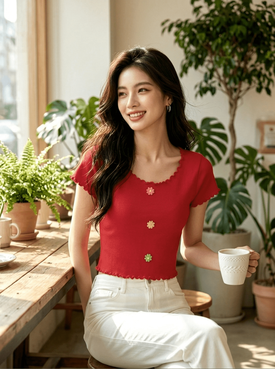 Y2K Ruffled Floral Knit Crop Top | Sweet Short Sweater | MOQ 50pcs - Y2K Girlstyle
