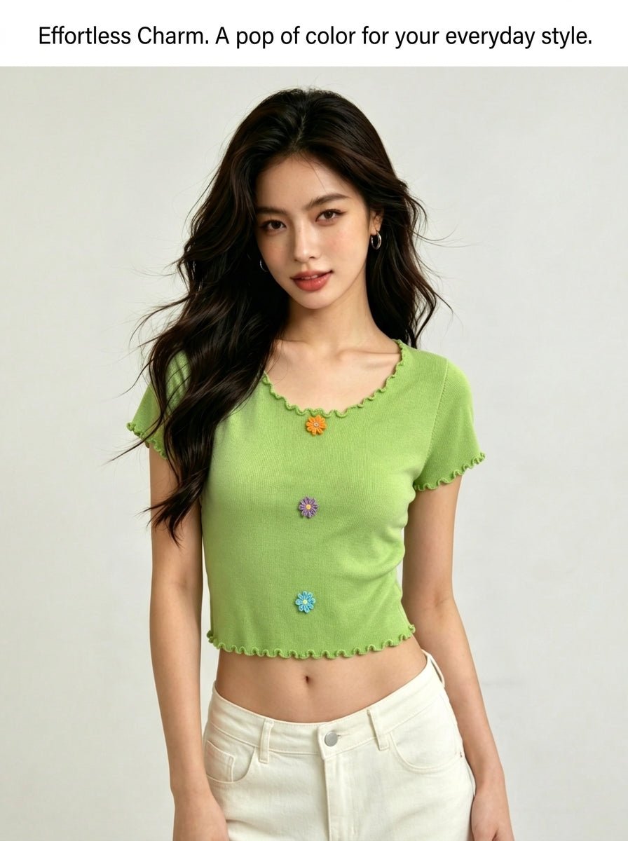 Y2K Ruffled Floral Knit Crop Top | Sweet Short Sweater | MOQ 50pcs - Y2K Girlstyle