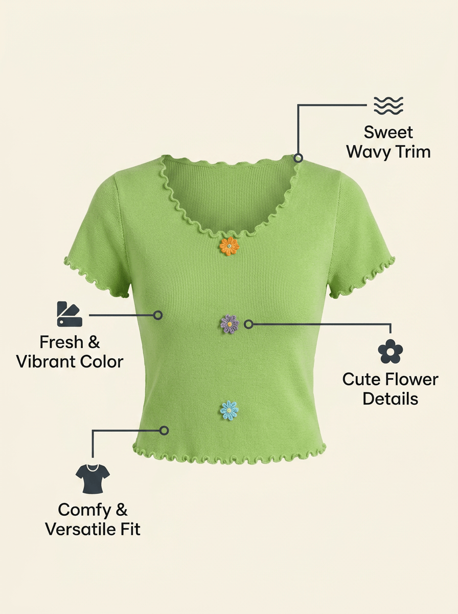 Y2K Ruffled Floral Knit Crop Top | Sweet Short Sweater | MOQ 50pcs - Y2K Girlstyle
